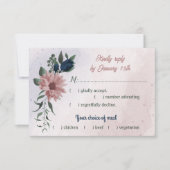 ピンクとネイビーの花の植物性の結婚食事の選択 出欠カード (正面)