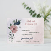 ピンクとネイビーの花の植物性の結婚食事の選択 出欠カード (スタンド正面)