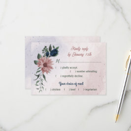 ピンクとネイビーの花の植物性の結婚食事の選択 出欠カード