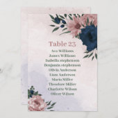 ピンクとネイビーの花の植物用座席表カード 招待状 (正面/裏面)