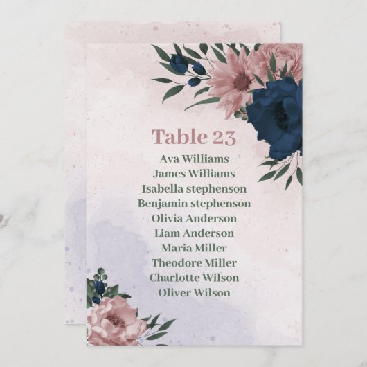 ピンクとネイビーの花の植物用座席表カード 招待状 (正面/裏面)