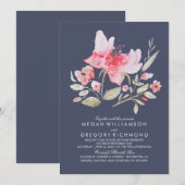 ピンクとネイビーの花の水彩ウェディング 招待状 (正面/裏面)