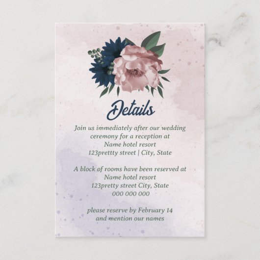 ピンクとネイビーの花ボタニ結婚ーズ エンクロージャーカード (正面)