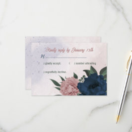 ピンクとネイビーの花ボタニ結婚ーズ 出欠カード