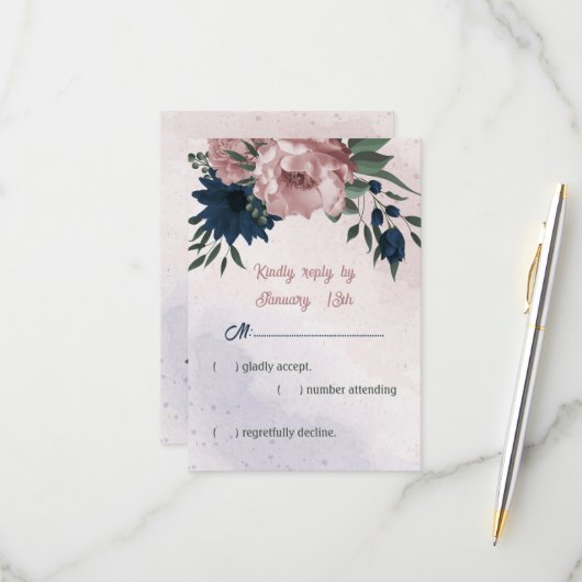 ピンクとネイビーの花ボタニ結婚ーズ 出欠カード (正面/裏面インサイチュ)