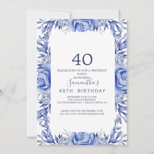 ピンクとネイビーの花 ブルー リース 40歳の誕生日 招待状 (正面)