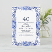 ピンクとネイビーの花 ブルー リース 40歳の誕生日 招待状 (スタンド正面)