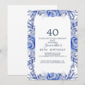 ピンクとネイビーの花 ブルー リース 40歳の誕生日 招待状 (正面/裏面)