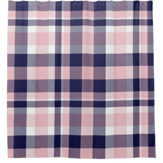 ピンクとネイビーのPlaid、市松模様に、タータンチェックシームレス シャワーカーテン (正面)