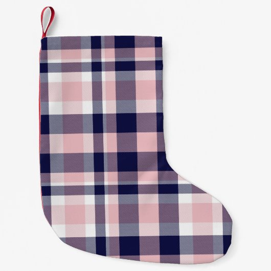 ピンクとネイビーのPlaid、市松模様に、タータンチェックシームレス  スモールクリスマスストッキング (正面)