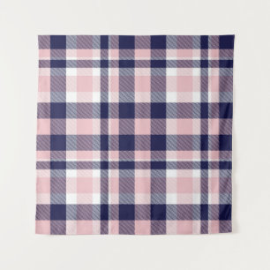 ピンクとネイビーのPlaid、市松模様に、タータンチェックシームレス タペストリー