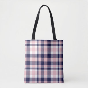 ピンクとネイビーのPlaid、市松模様に、タータンチェックシームレス  トートバッグ