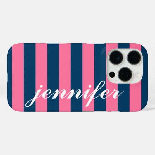 ピンクとネイビーストライプズカスタムスクリプトのモノグラム名 Case-Mate iPhoneケース (裏面 (横))