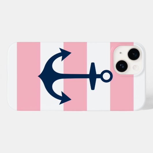 ピンクとネイビーブルーのいかりとストライプパターン Case-Mate iPhoneケース (裏面 (横))