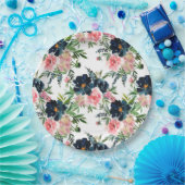 ピンクとネイビーブルーのフローラバラ結婚ズ ペーパープレート (パーティー)