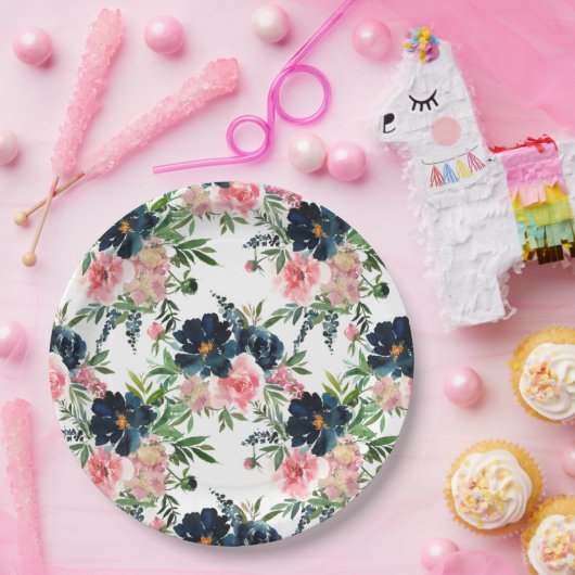 ピンクとネイビーブルーのフローラバラ結婚ズ ペーパープレート (パーティー)
