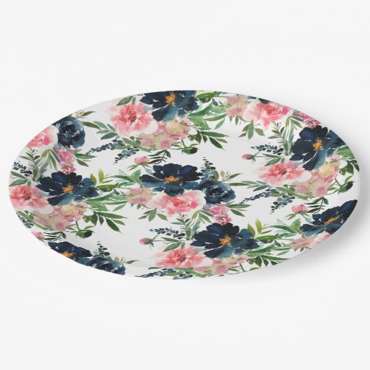 ピンクとネイビーブルーのフローラバラ結婚ズ ペーパープレート (アングル)