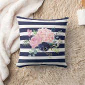 ピンクとネイビーブルーのフローラ枕 クッション (ブランケット)