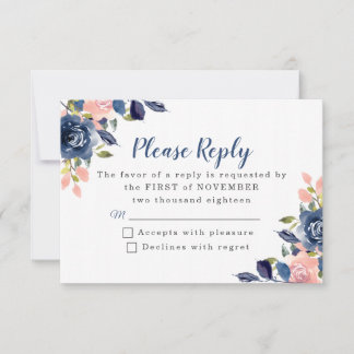 ピンクとネイビーブルーのフローラ結婚式RSVPカード 出欠カード