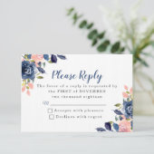 ピンクとネイビーブルーのフローラ結婚式RSVPカード 出欠カード (スタンド正面)