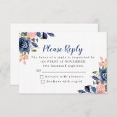 ピンクとネイビーブルーのフローラ結婚式RSVPカード 出欠カード (正面/裏面)