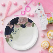 ピンクとネイビーブルーの花が緑 ペーパープレート (パーティー)