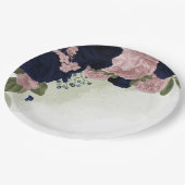 ピンクとネイビーブルーの花が緑 ペーパープレート (アングル)