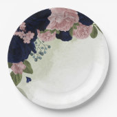 ピンクとネイビーブルーの花が緑 ペーパープレート (正面)
