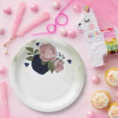 ピンクとネイビーブルーの花が緑 ペーパープレート (パーティー)