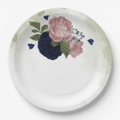 ピンクとネイビーブルーの花が緑 ペーパープレート (正面)