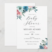 ピンクとネイビーブルーの花のベイビーシャワー 招待状 (正面/裏面)