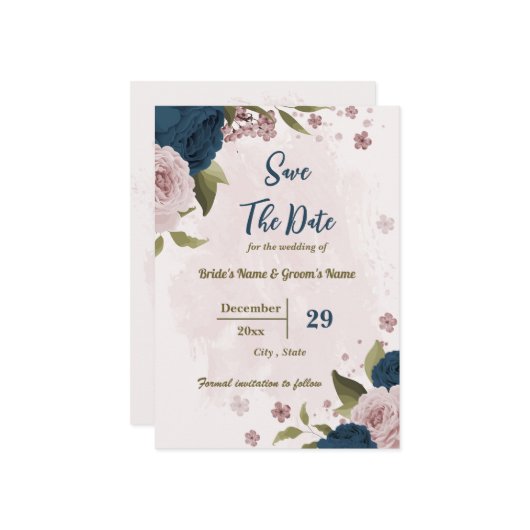 ピンクとネイビーブルーの花ボタニ結婚ーズ セーブザデート (正面/裏面インサイチュ)