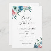 ピンクとネイビーブルーの花赤ちゃんシャワー 招待状 (正面/裏面)