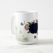 ピンクとネイビーブルーの花 緑の葉 コーヒーマグカップ (正面左)