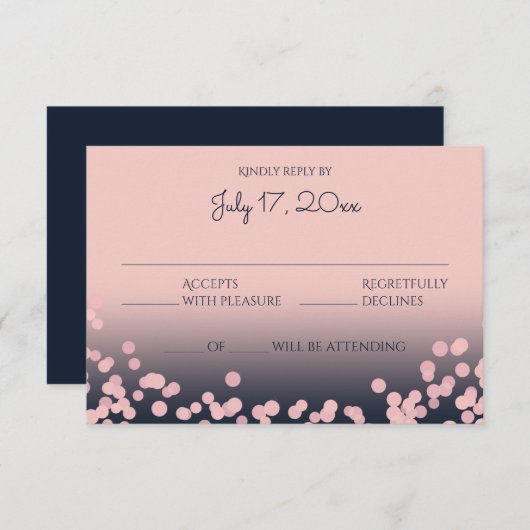 ピンクとネイビーブルーの《写真》ぼけ味結婚の反応 出欠カード (正面/裏面)