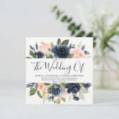 ピンクとネイビーブルーウォーター色の花結婚の色 招待状 (スタンド正面)