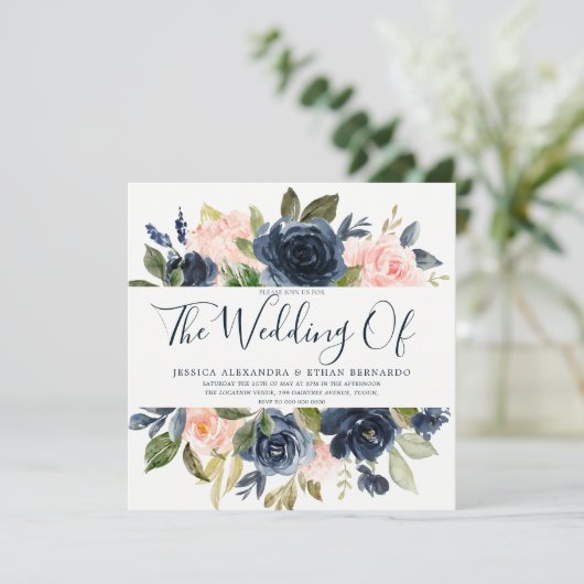 ピンクとネイビーブルーウォーター色の花結婚の色 招待状 (スタンド正面)