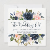 ピンクとネイビーブルーウォーター色の花結婚の色 招待状 (正面)