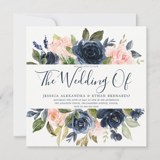 ピンクとネイビーブルーウォーター色の花結婚の色 招待状 (正面)