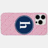 ピンクとネイビーブルーギリシャ鍵パターンモノグラム Case-Mate iPhoneケース (裏面 (横))