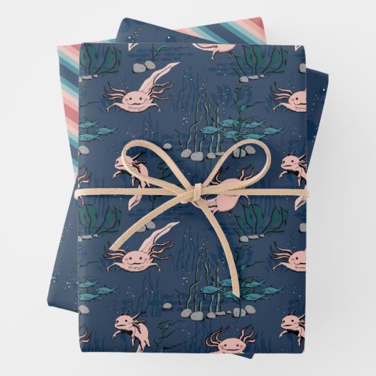 ピンクとネイビーブルーメキシコのアクソロトル ラッピングペーパーシート (インサイチュ)