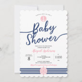 ピンクとネイビーブルー，夏，航海のベビーガール 招待状 (正面)