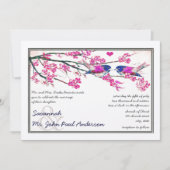 ピンクとネイビーラブバードさくらんぼ結婚の花 招待状 (正面)