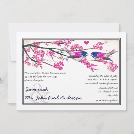 ピンクとネイビーラブバードさくらんぼ結婚の花 招待状 (正面)