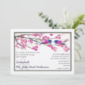 ピンクとネイビーラブバードさくらんぼ結婚の花 招待状 (スタンド正面)