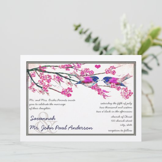 ピンクとネイビーラブバードさくらんぼ結婚の花 招待状 (スタンド正面)