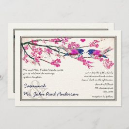 ピンクとネイビーラブバードさくらんぼ結婚の花 招待状