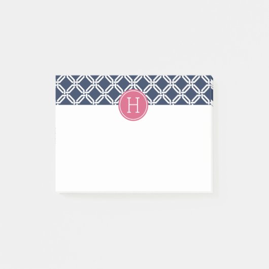ピンクとネイビー八角形リンクパターンモノグラム ポストイット (正面)