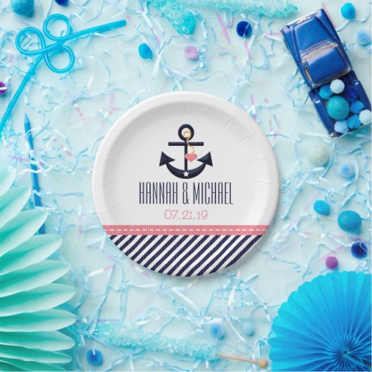 ピンクとネイビー航海のいかり結婚ズ ペーパープレート (パーティー)