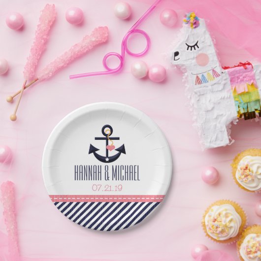 ピンクとネイビー航海のいかり結婚ズ ペーパープレート (パーティー)